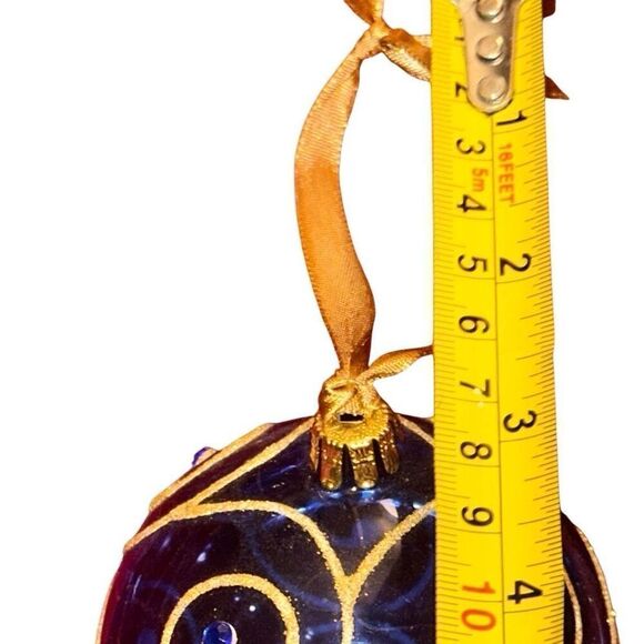 8 Blown Glass Blue With Gold Glitter Swirl Hanging Christmas Ornaments - Picture 8 of 8
